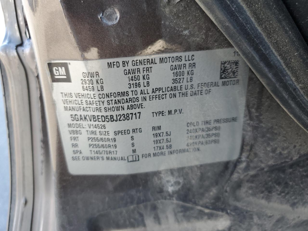 2011 Buick Enclave VIN 5GAKVBED5BJ238717 Copart auction photo, side damage thumbnail 13