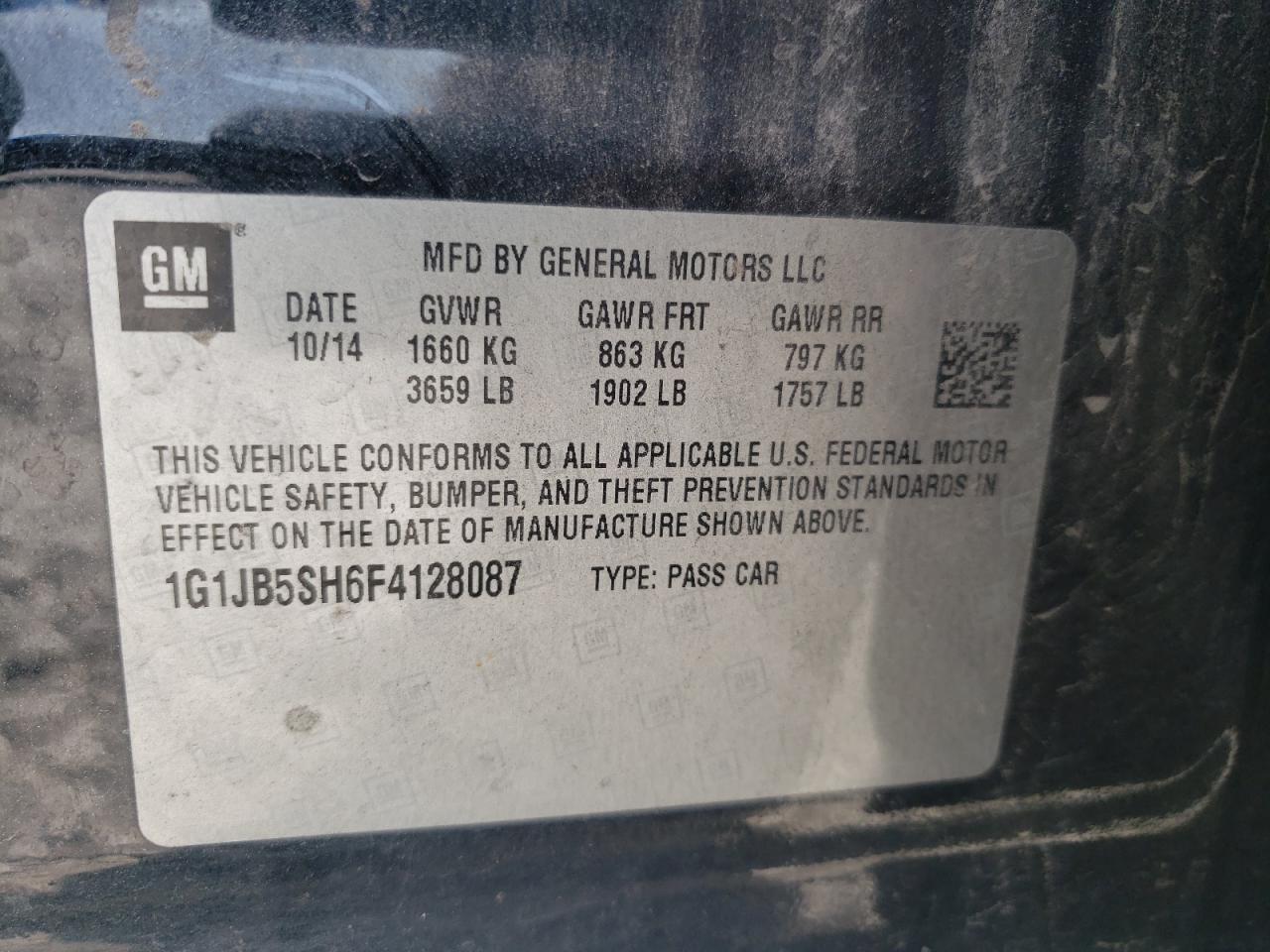 2015 Chevrolet Sonic VIN 1G1JB5SH6F4128087 Copart auction photo, front end damage thumbnail 14
