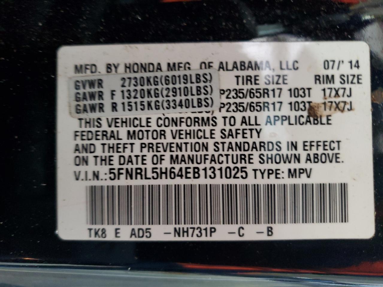 2014 Honda Odyssey VIN 5FNRL5H64EB131025 Copart auction photo, front end / all over damage thumbnail 14