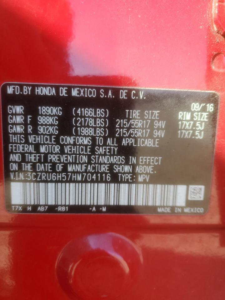 2017 Honda HR-V VIN 3CZRU6H57HM704116 Copart auction photo, front end / side damage thumbnail 13