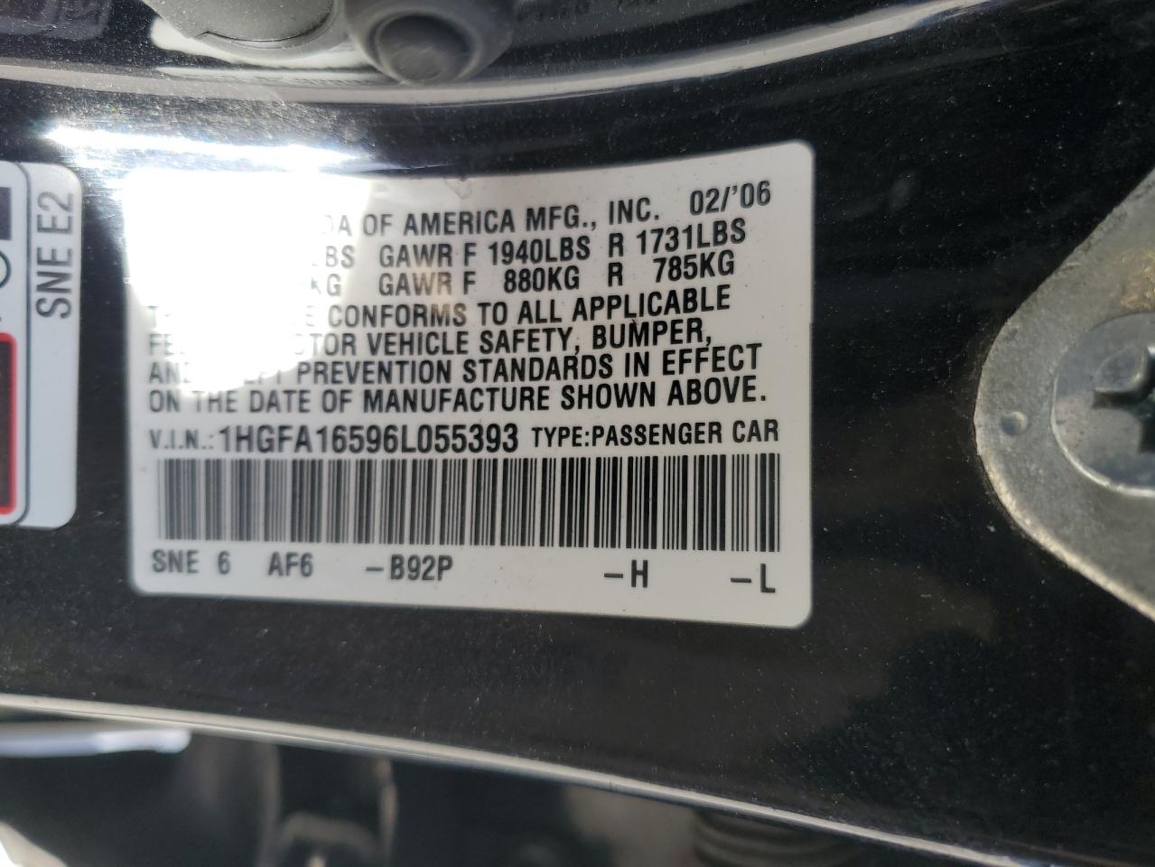 2006 Honda Civic VIN 1HGFA16596L055393 Copart auction photo, front end / side damage thumbnail 14