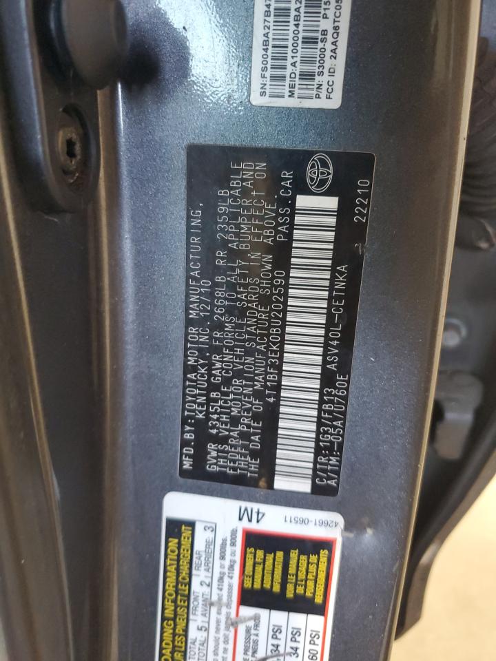 2011 Toyota Camry VIN 4T1BF3EK0BU202590 Copart auction photo, front end / rear end damage thumbnail 12