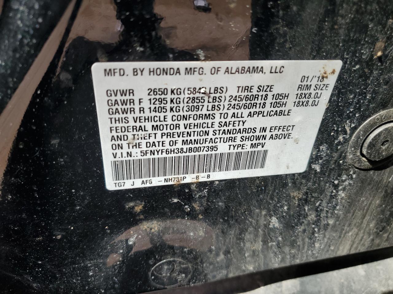 2018 Honda Pilot VIN 5FNYF6H38JB007395 Copart auction photo, front end damage thumbnail 15