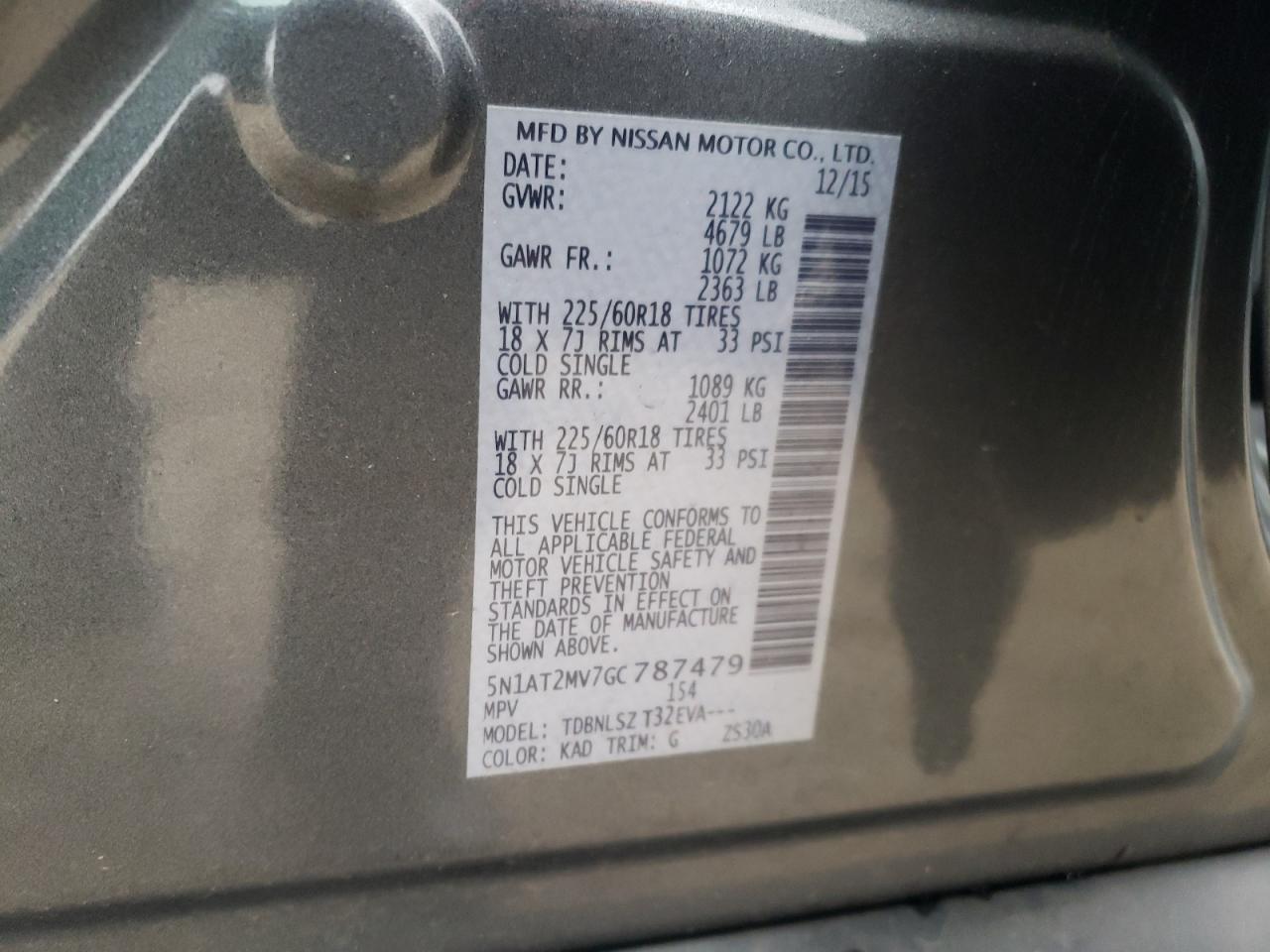 2016 Nissan Rogue VIN 5N1AT2MV7GC787479 Copart auction photo, front end damage thumbnail 13