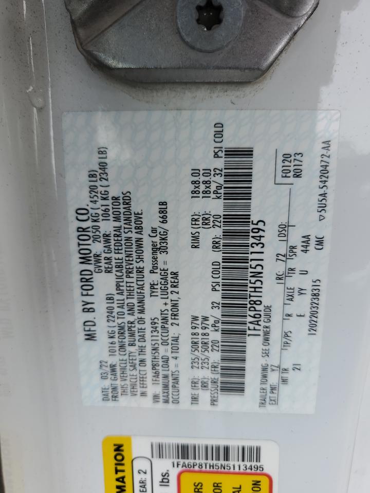 2022 Ford Mustang VIN 1FA6P8TH5N5113495 Copart auction photo, all over / undercarriage damage thumbnail 12