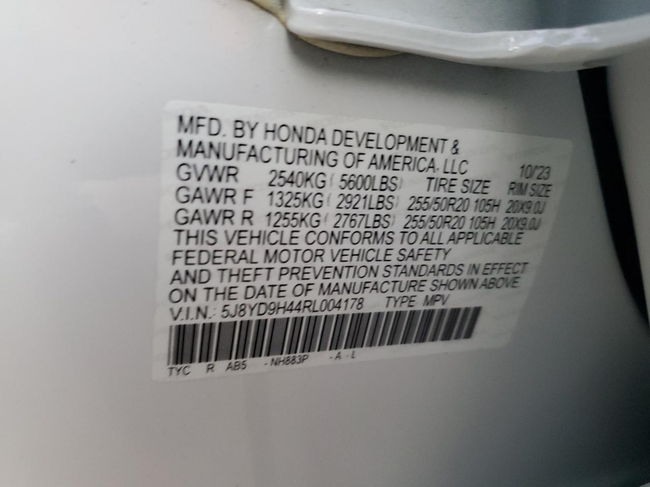 2024 Acura MDX VIN 5J8YD9H44RL004178 Copart auction photo, all over damage thumbnail 14
