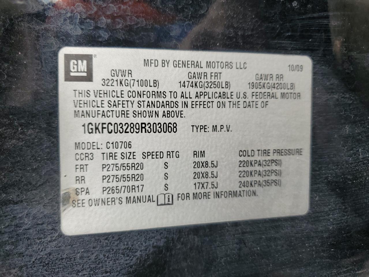 2009 GMC Yukon VIN 1GKFC03289R303068 Copart auction photo, front end damage thumbnail 14