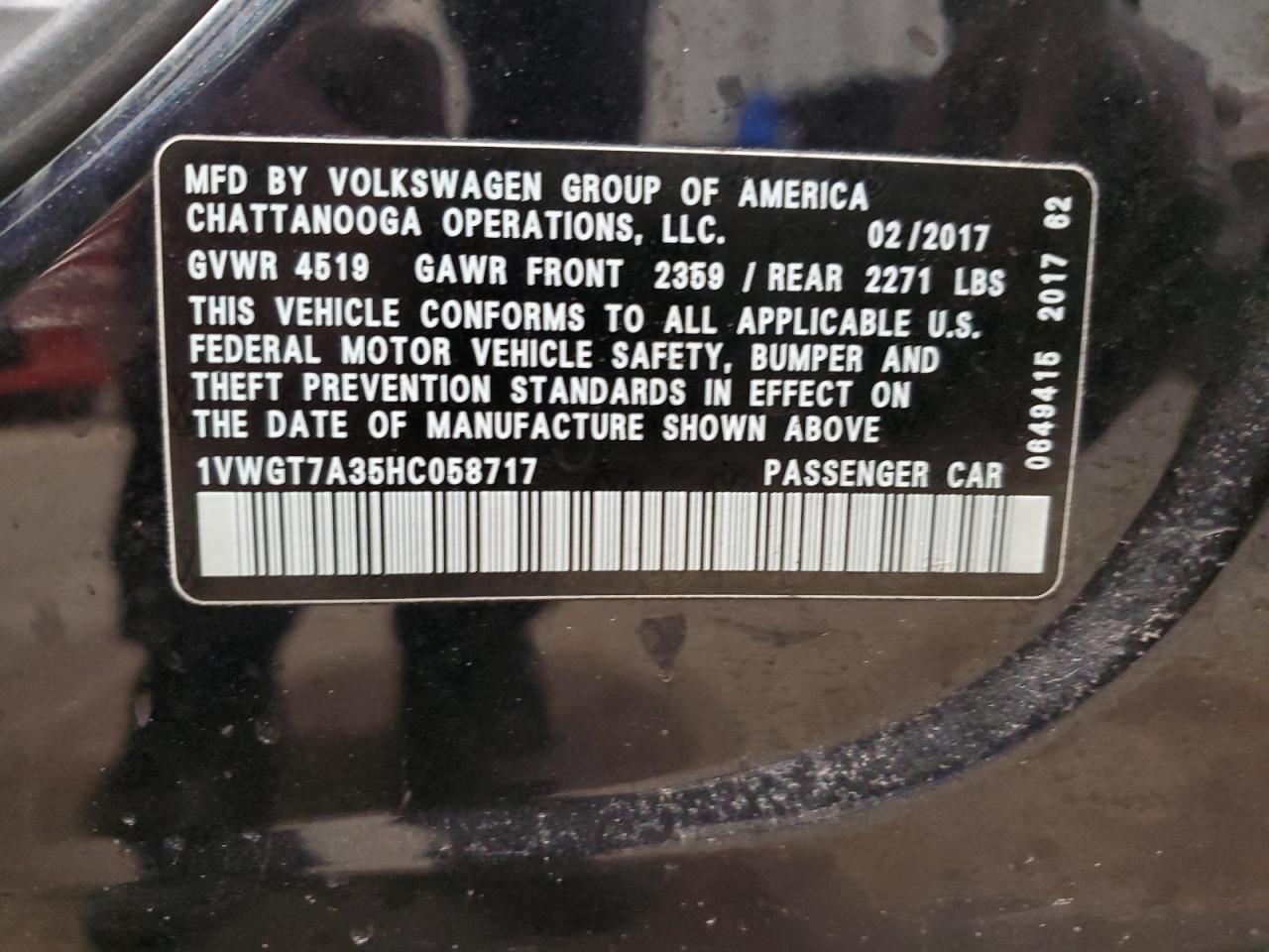 2017 Volkswagen Passat VIN 1VWGT7A35HC058717 Copart auction photo, front end damage thumbnail 12