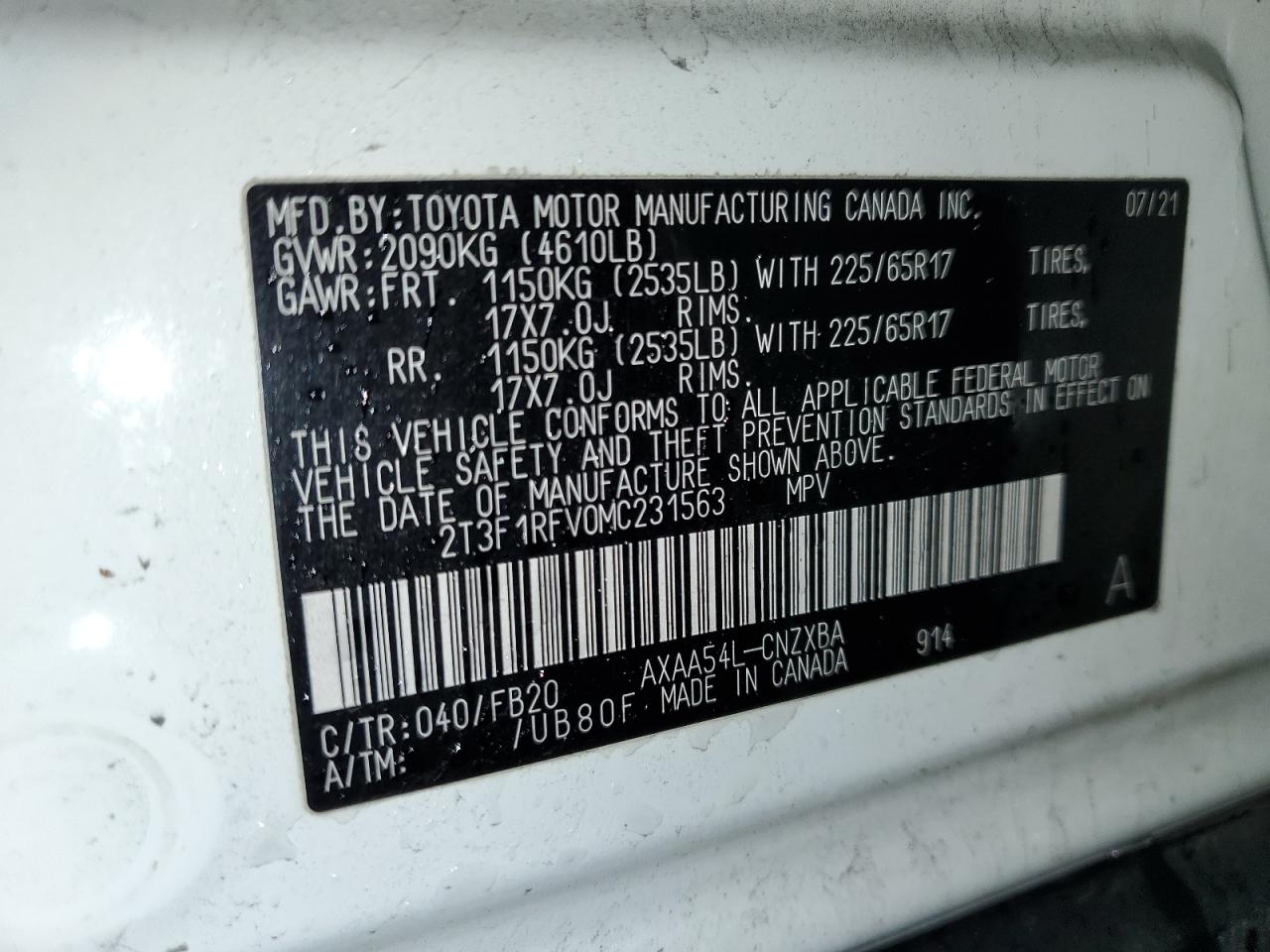2021 Toyota RAV 4 VIN 2T3F1RFV0MC231563 Copart auction photo, front end damage thumbnail 14