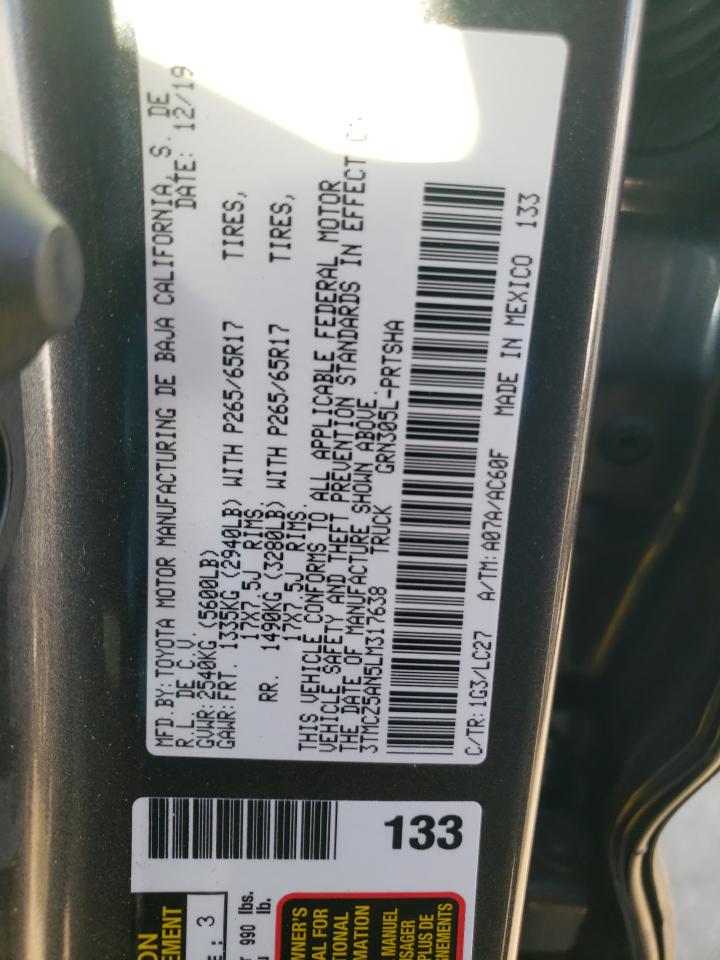 2020 Toyota Tacoma VIN 3TMCZ5AN5LM317638 Copart auction photo, rear end / side damage thumbnail 12