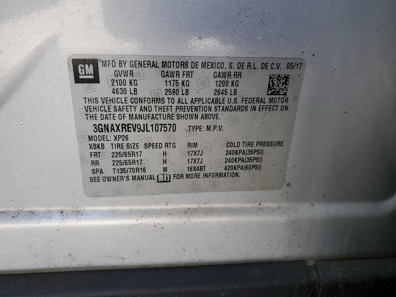 2018 Chevrolet Equinox VIN 3GNAXREV9JL107570 Copart auction photo, front end / side damage thumbnail 13