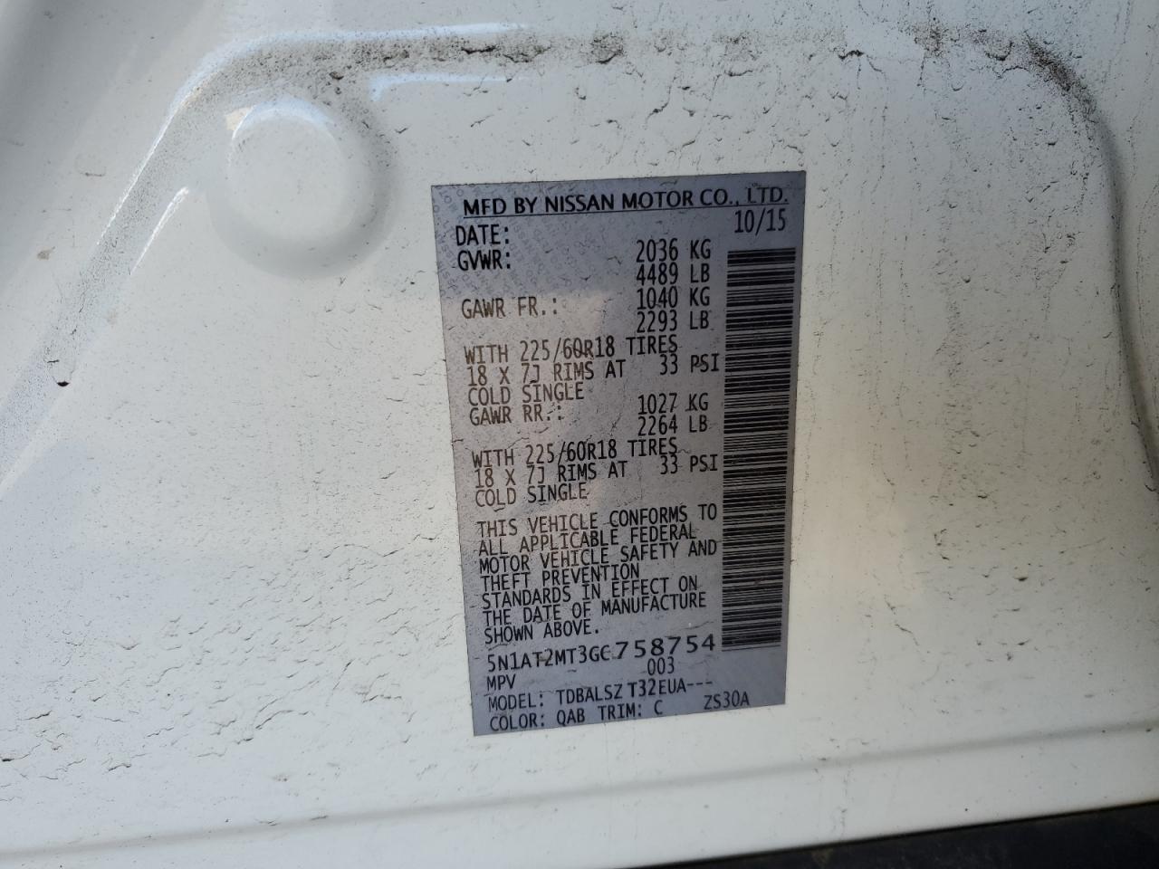 2016 Nissan Rogue VIN 5N1AT2MT3GC758754 Copart auction photo, front end / rear end damage thumbnail 15