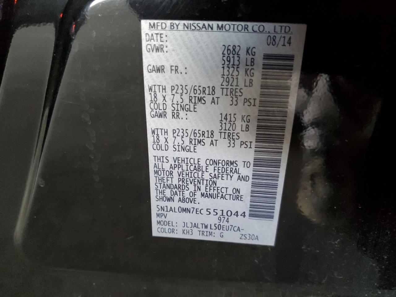 2014 Infiniti QX60 VIN 5N1AL0MN7EC551044 Copart auction photo, front end / rear end damage thumbnail 14
