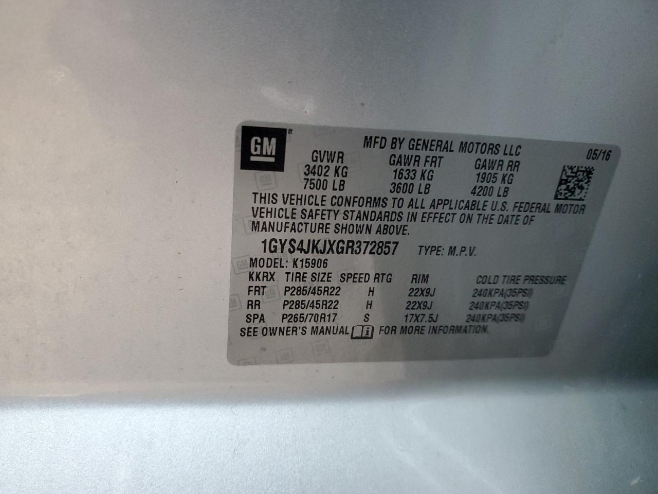 2016 Cadillac Escalade VIN 1GYS4JKJXGR372857 Copart auction photo, front end damage thumbnail 14