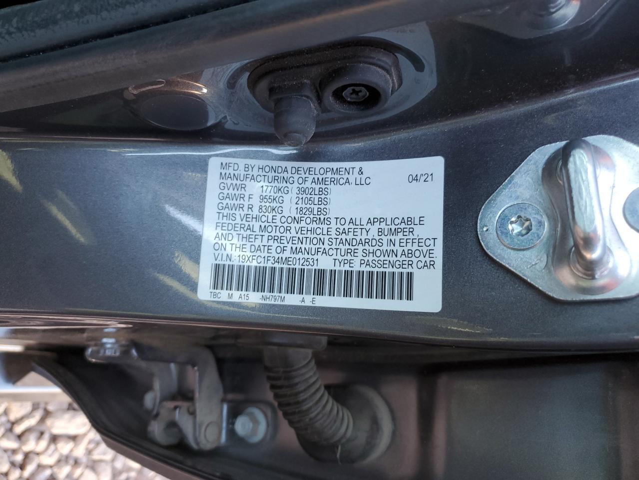 2021 Honda Civic VIN 19XFC1F34ME012531 Copart auction photo, front end damage thumbnail 12