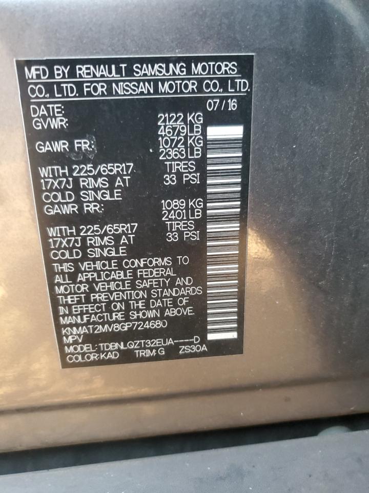2016 Nissan Rogue VIN KNMAT2MV8GP724680 Copart auction photo, all over damage thumbnail 13