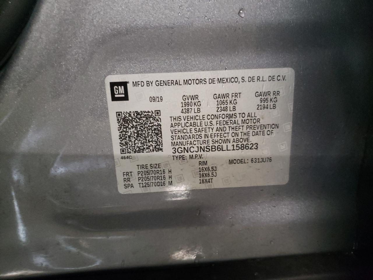 2020 Chevrolet Trax VIN 3GNCJNSB6LL158623 Copart auction photo, side damage thumbnail 13