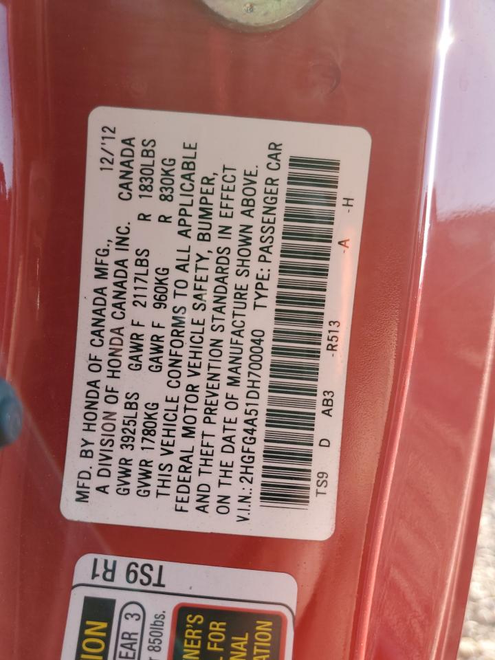 2013 Honda Civic VIN 2HGFG4A51DH700040 Copart auction photo, side damage thumbnail 12
