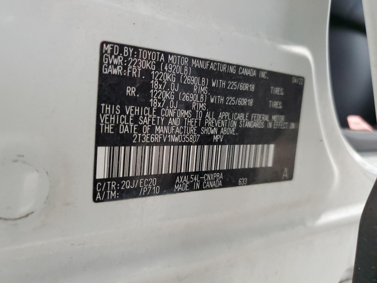 2022 Toyota RAV 4 VIN 2T3E6RFV1NW035807 Copart auction photo, partial repair / hail damage thumbnail 15