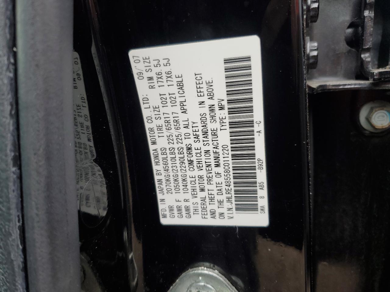 2008 Honda CR-V VIN JHLRE48558C011220 Copart auction photo, front end damage thumbnail 13