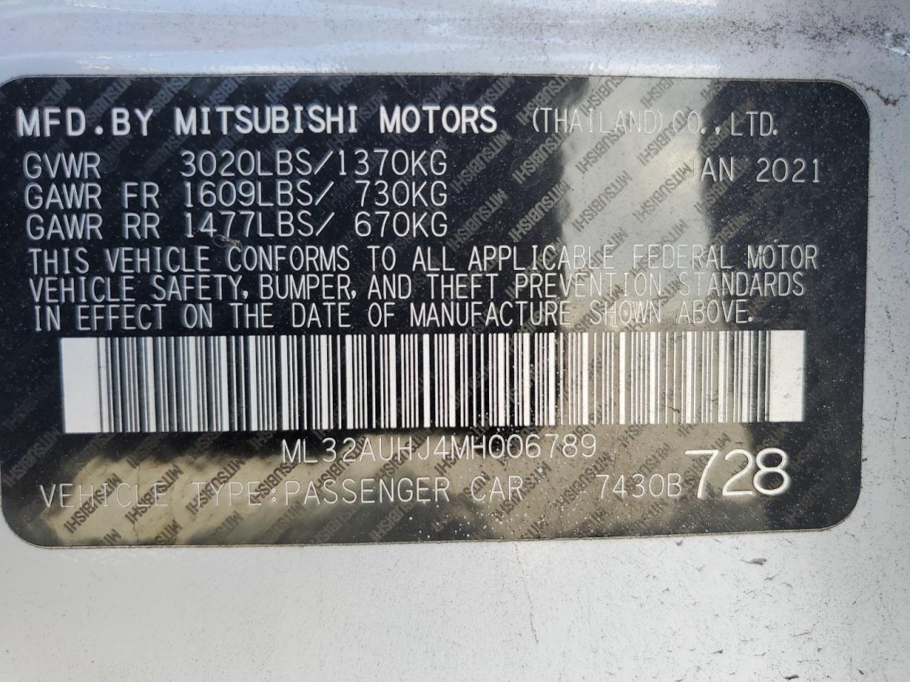 2021 Mitsubishi Mirage VIN ML32AUHJ4MH006789 Copart auction photo, rear end / front end damage thumbnail 14