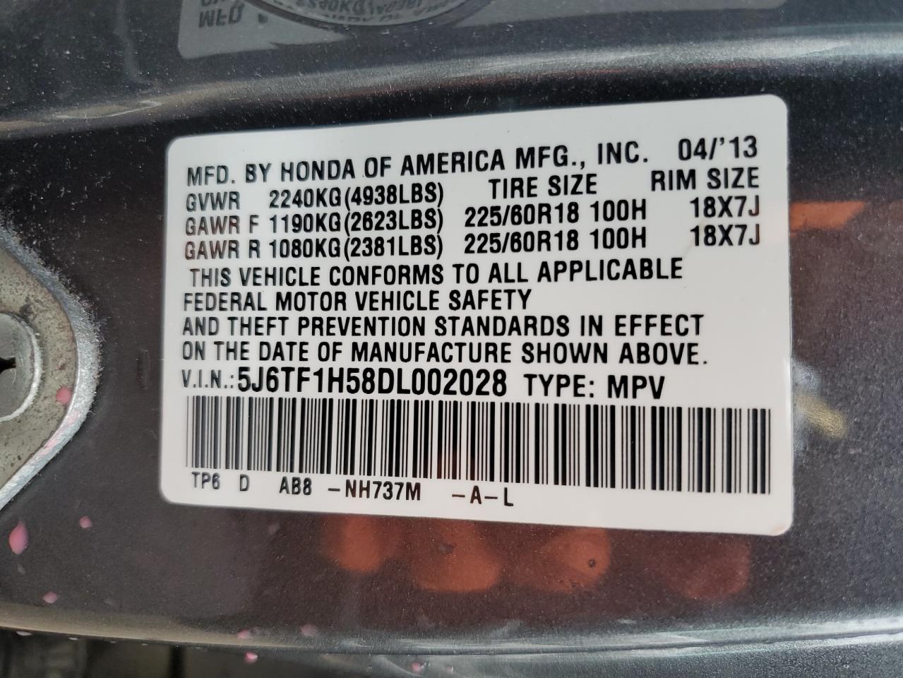 2013 Honda Crosstour VIN 5J6TF1H58DL002028 Copart auction photo, rear end damage thumbnail 12