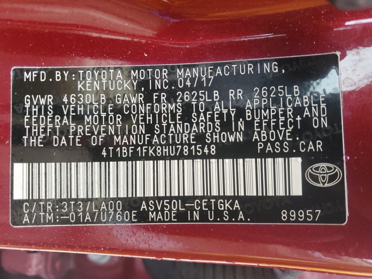 2017 Toyota Camry VIN 4T1BF1FK8HU781548 Copart auction photo, front end damage thumbnail 12