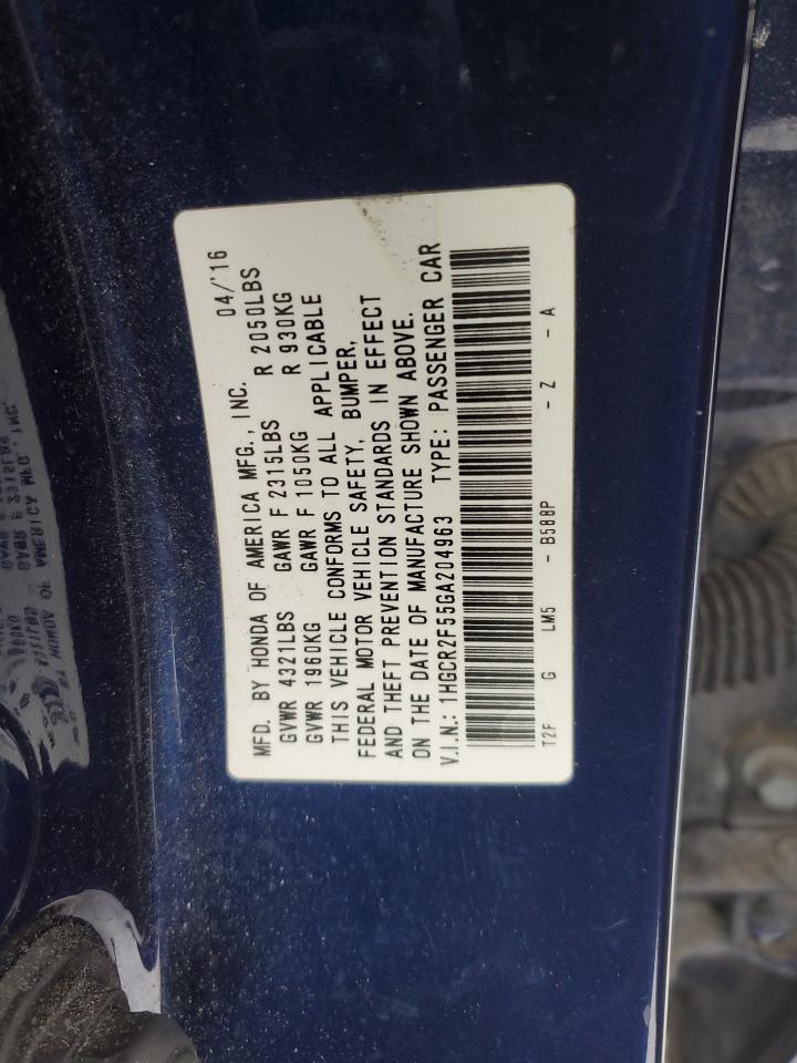 2016 Honda Accord VIN 1HGCR2F55GA204963 Copart auction photo, rear end / front end damage thumbnail 12
