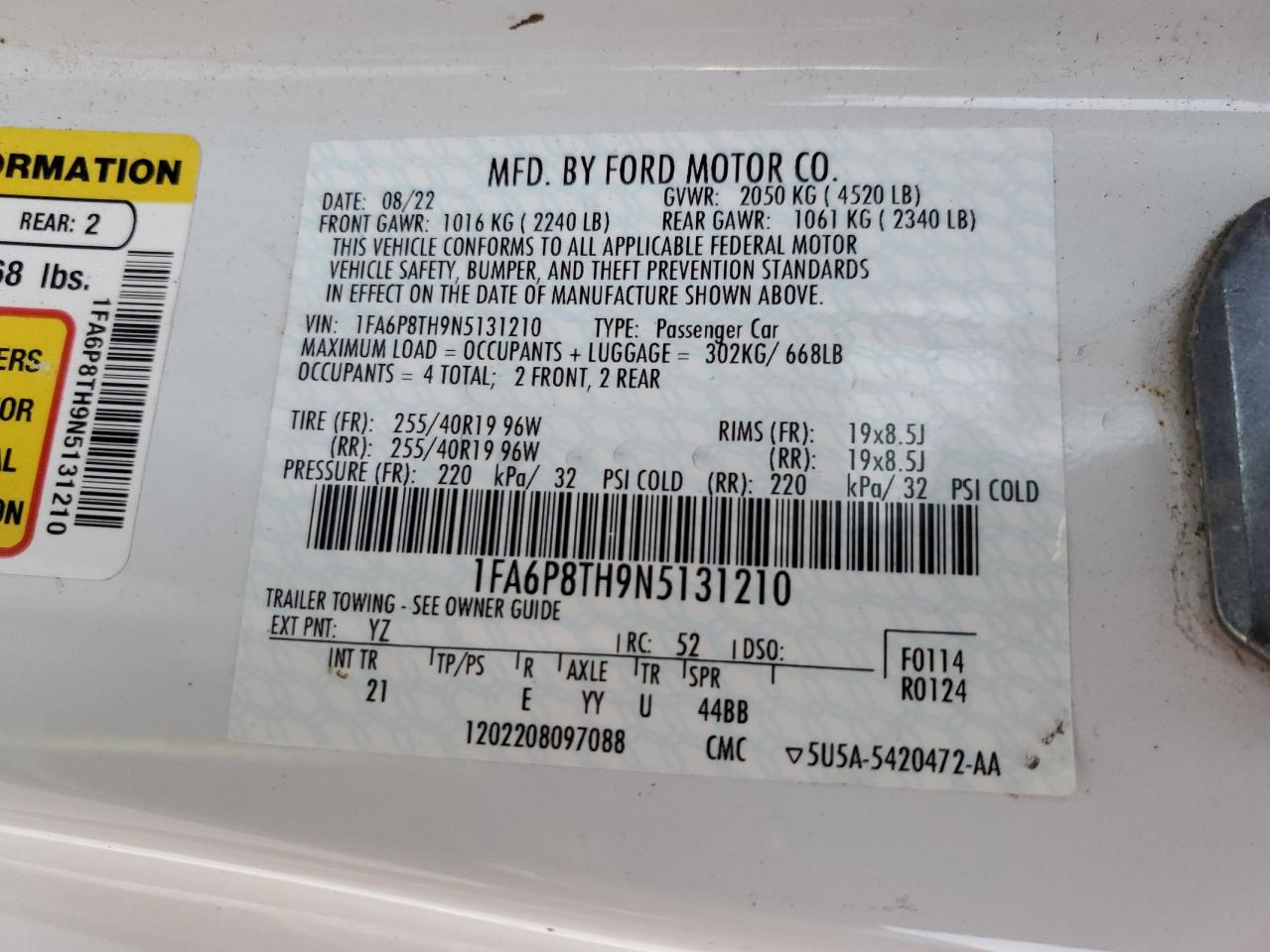 2022 Ford Mustang VIN 1FA6P8TH9N5131210 Copart auction photo, front end / hail damage thumbnail 12