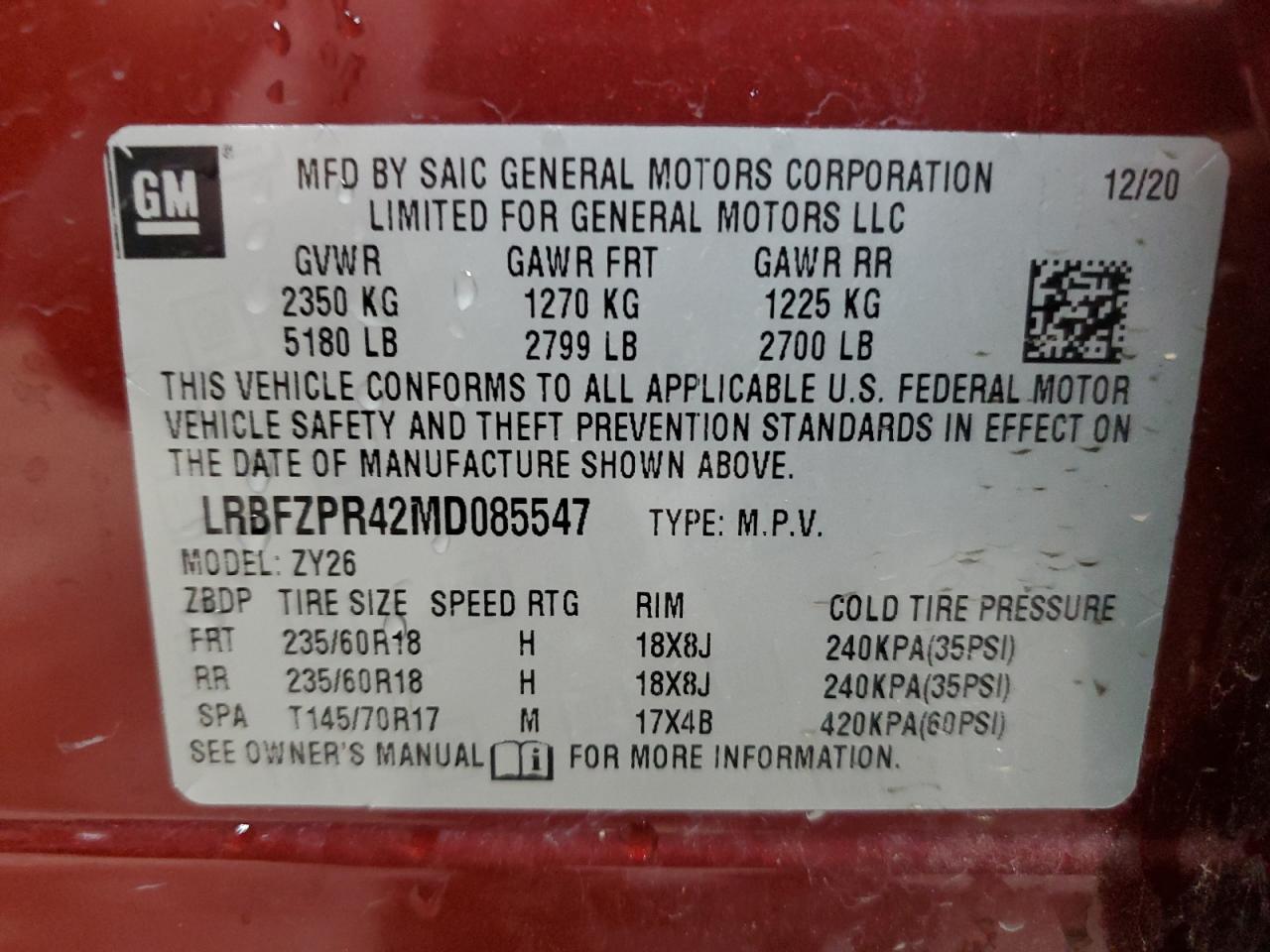 2021 Buick Envision VIN LRBFZPR42MD085547 Copart auction photo, front end / minor dent/scratches damage thumbnail 15