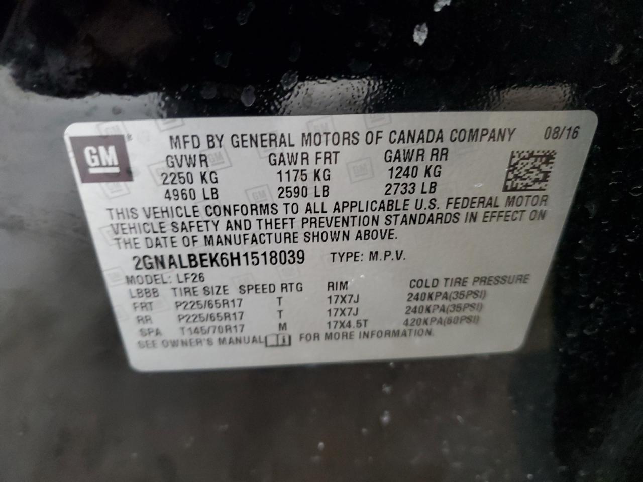 2017 Chevrolet Equinox VIN 2GNALBEK6H1518039 Copart auction photo, rear end damage thumbnail 12