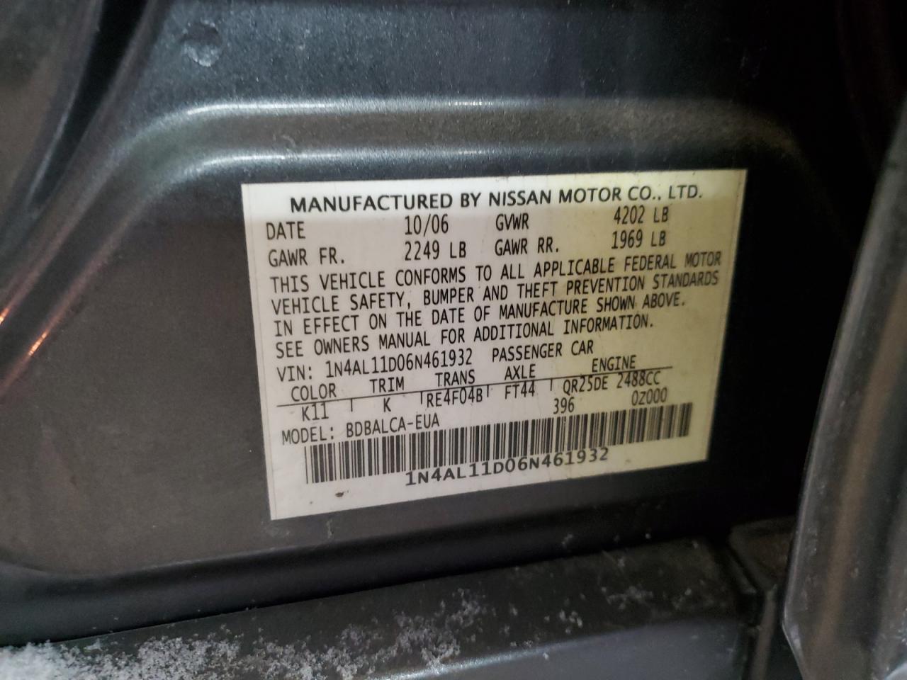 2006 Nissan Altima VIN 1N4AL11D06N461932 Copart auction photo, front end damage thumbnail 12