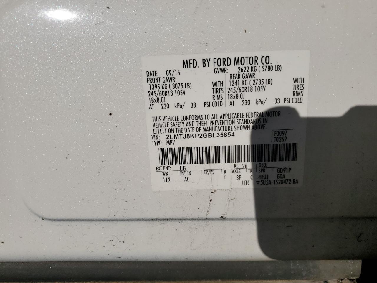 2016 Lincoln MKX VIN 2LMTJ8KP2GBL35854 Copart auction photo, front end damage thumbnail 16