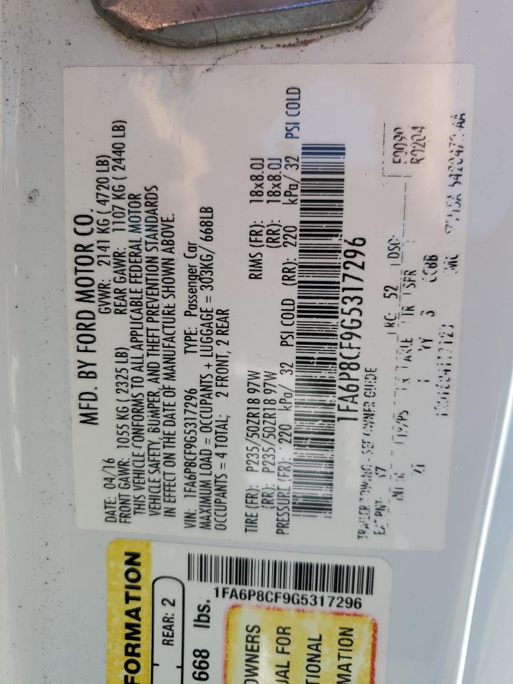 2016 Ford Mustang VIN 1FA6P8CF9G5317296 Copart auction photo, front end damage thumbnail 12