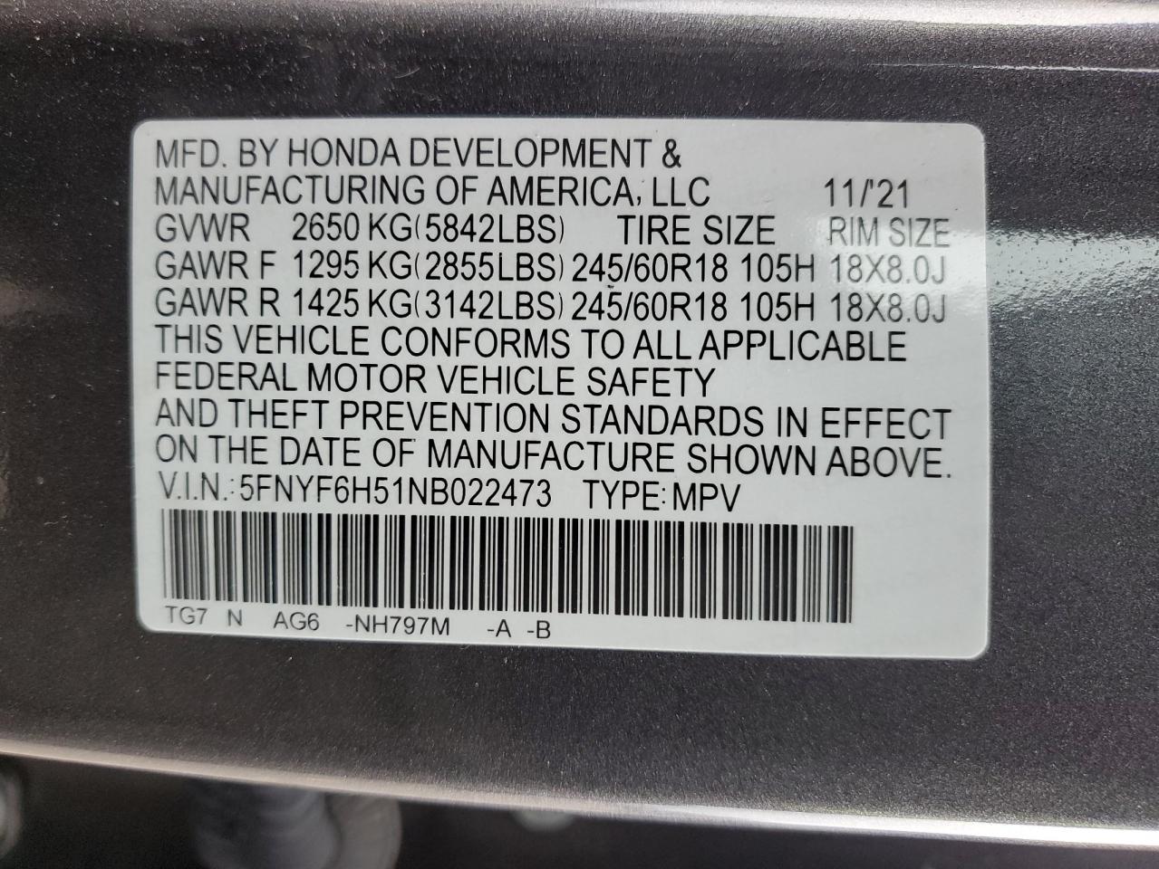 2022 Honda Pilot VIN 5FNYF6H51NB022473 Copart auction photo, front end / minor dent/scratches damage thumbnail 15