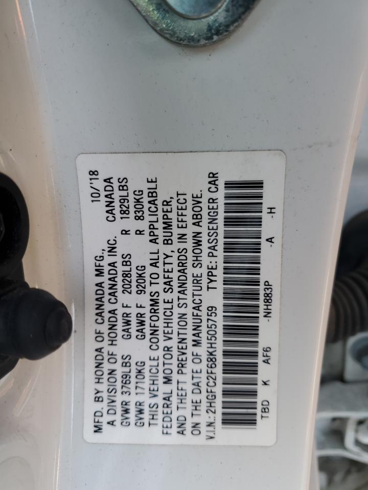 2019 Honda Civic VIN 2HGFC2F68KH505759 Copart auction photo, front end damage thumbnail 12