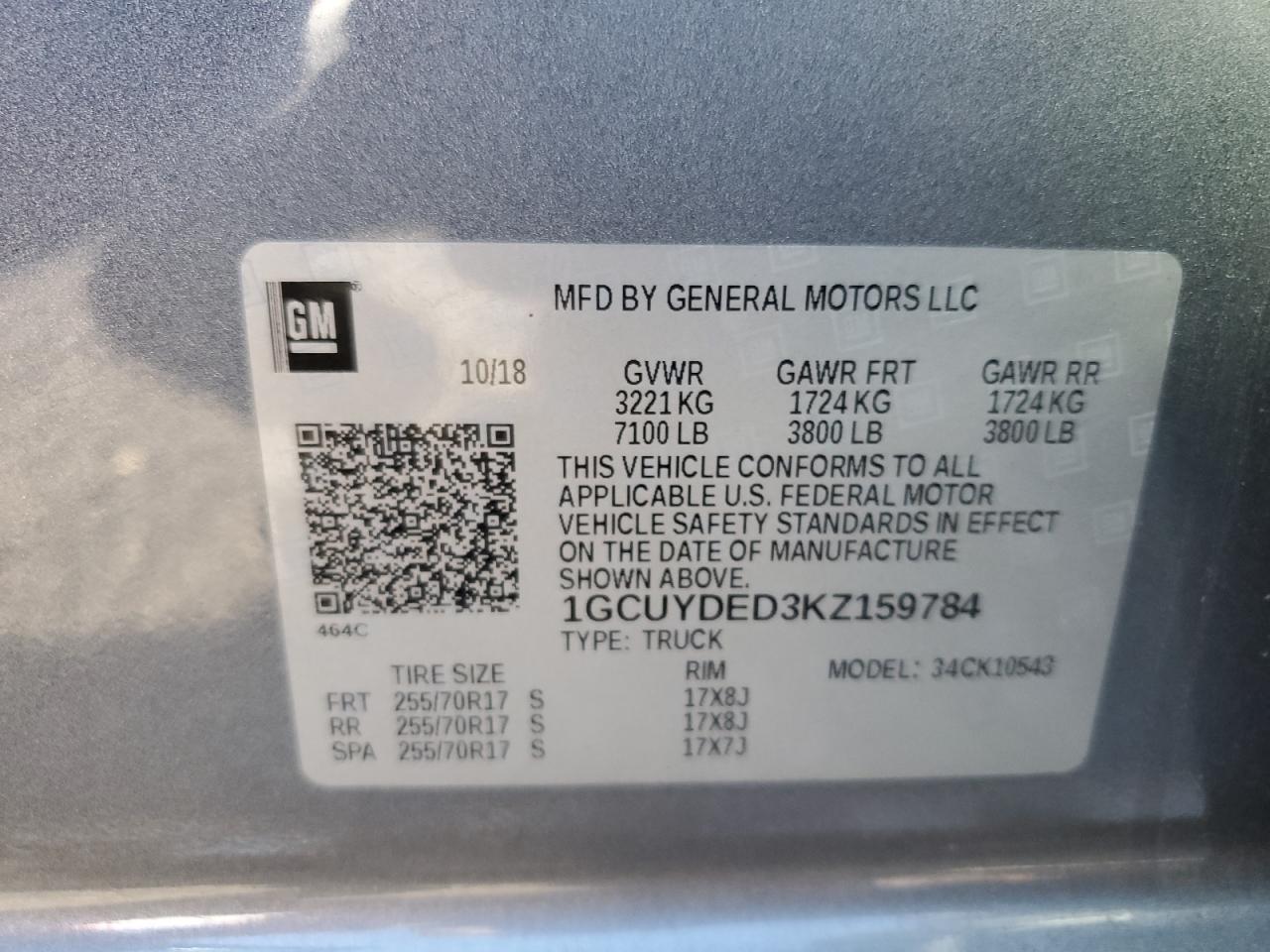 2019 Chevrolet Silverado VIN 1GCUYDED3KZ159784 Copart auction photo, front end / side damage thumbnail 14