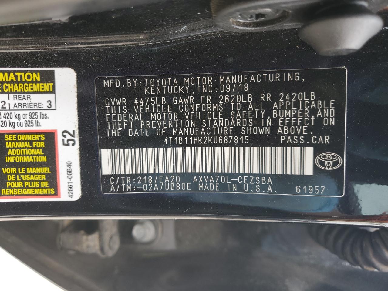 2019 Toyota Camry VIN 4T1B11HK2KU687815 Copart auction photo, rear end damage thumbnail 12