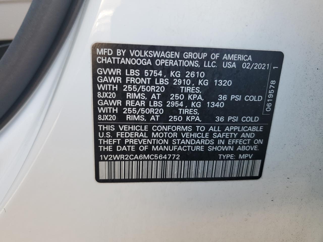 2021 Volkswagen Atlas VIN 1V2WR2CA6MC564772 Copart auction photo, front end damage thumbnail 14