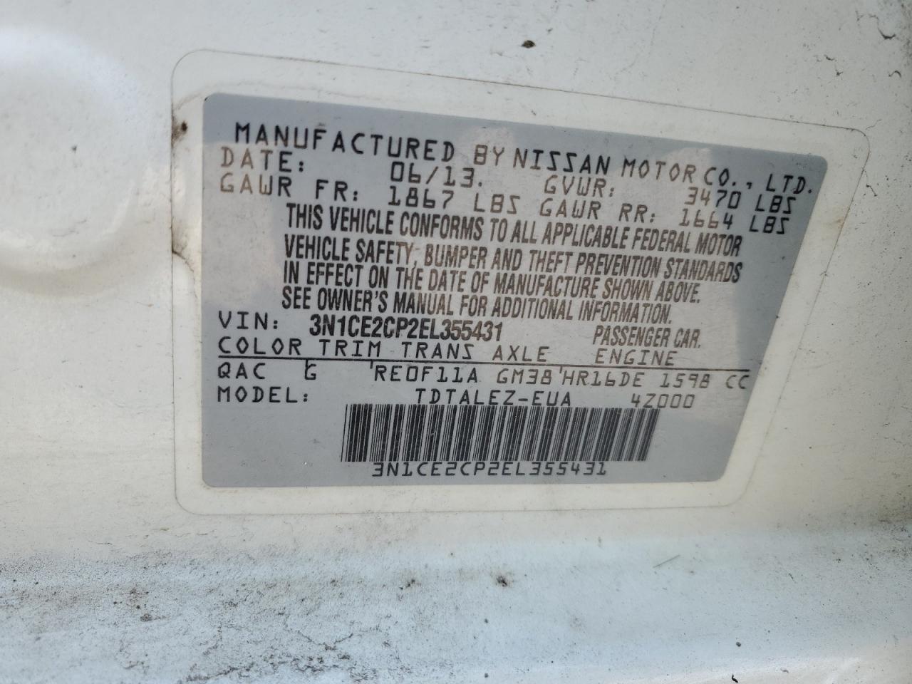 2014 Nissan Versa VIN 3N1CE2CP2EL355431 Copart auction photo, front end damage thumbnail 12