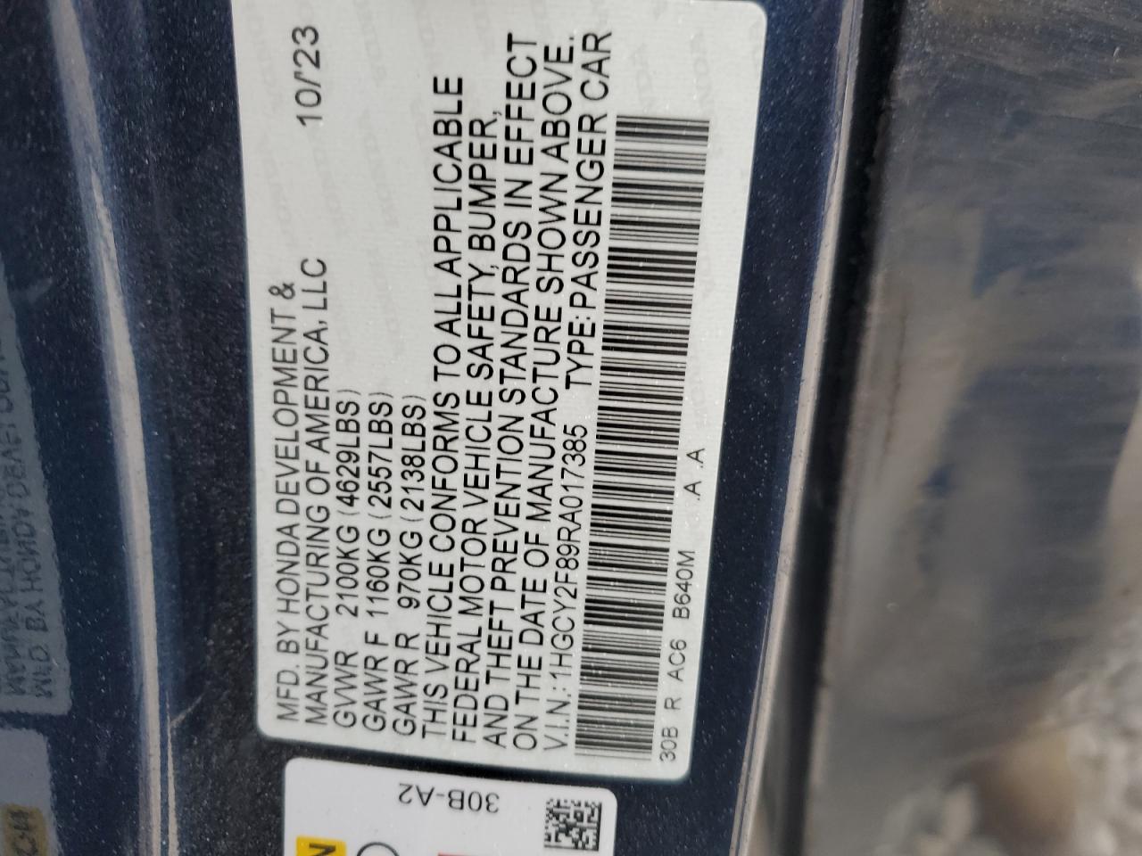 2024 Honda Accord VIN 1HGCY2F89RA017385 Copart auction photo, front end / side damage thumbnail 14