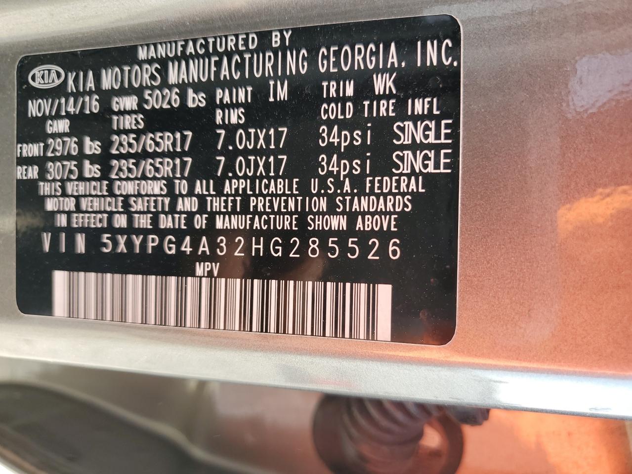 2017 KIA Sorento VIN 5XYPG4A32HG285526 Copart auction photo, front end damage thumbnail 15