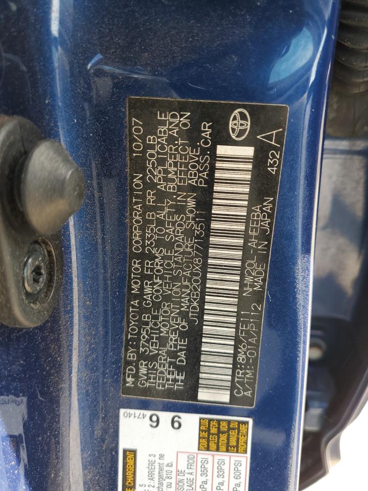 2008 Toyota Prius VIN JTDKB20UX87713511 Copart auction photo, front end damage thumbnail 12