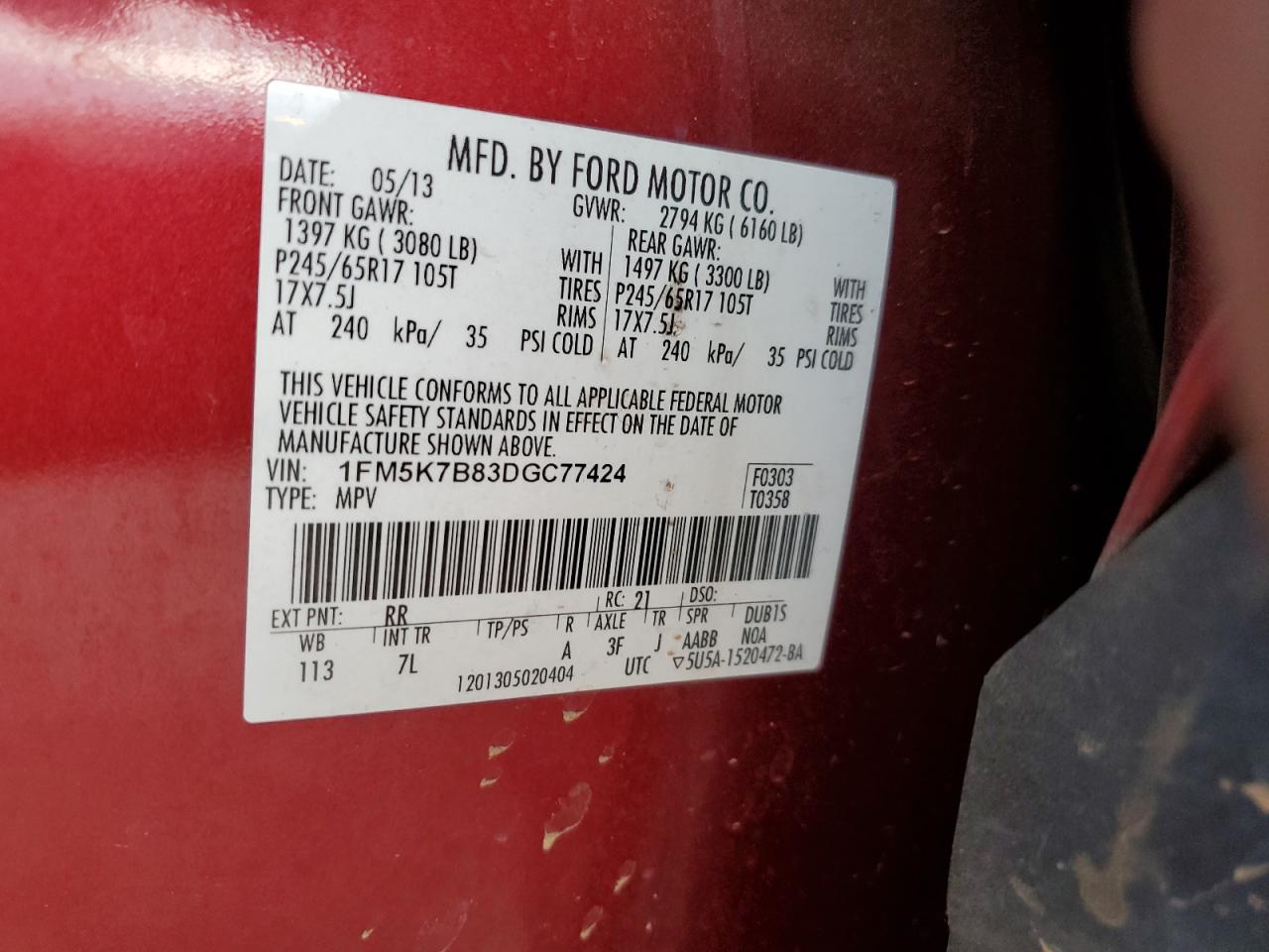 2013 Ford Explorer VIN 1FM5K7B83DGC77424 Copart auction photo, front end damage thumbnail 13