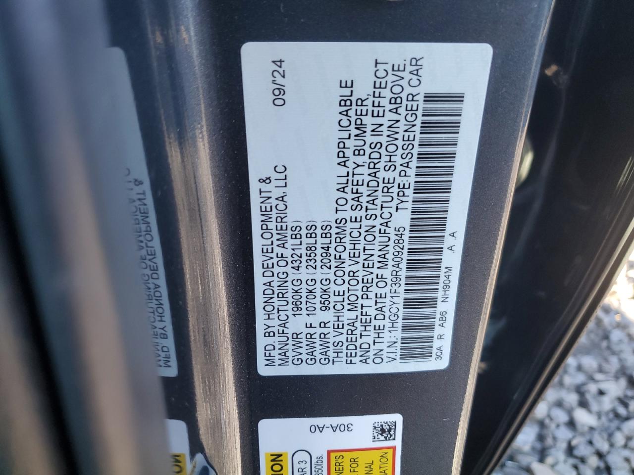 2024 Honda Accord VIN 1HGCY1F39RA092845 Copart auction photo, side damage thumbnail 12