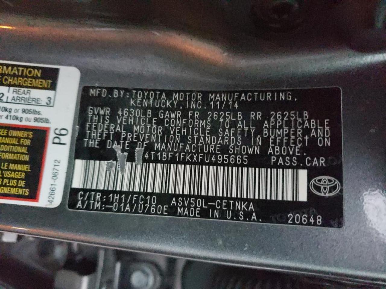2015 Toyota Camry VIN 4T1BF1FKXFU495665 Copart auction photo, front end damage thumbnail 12