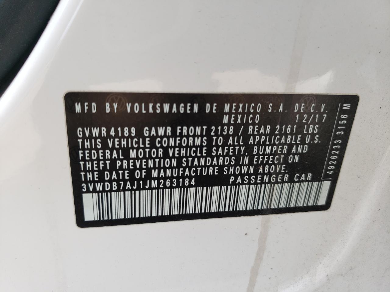 2018 Volkswagen Jetta VIN 3VWDB7AJ1JM263184 Copart auction photo, all over damage thumbnail 14