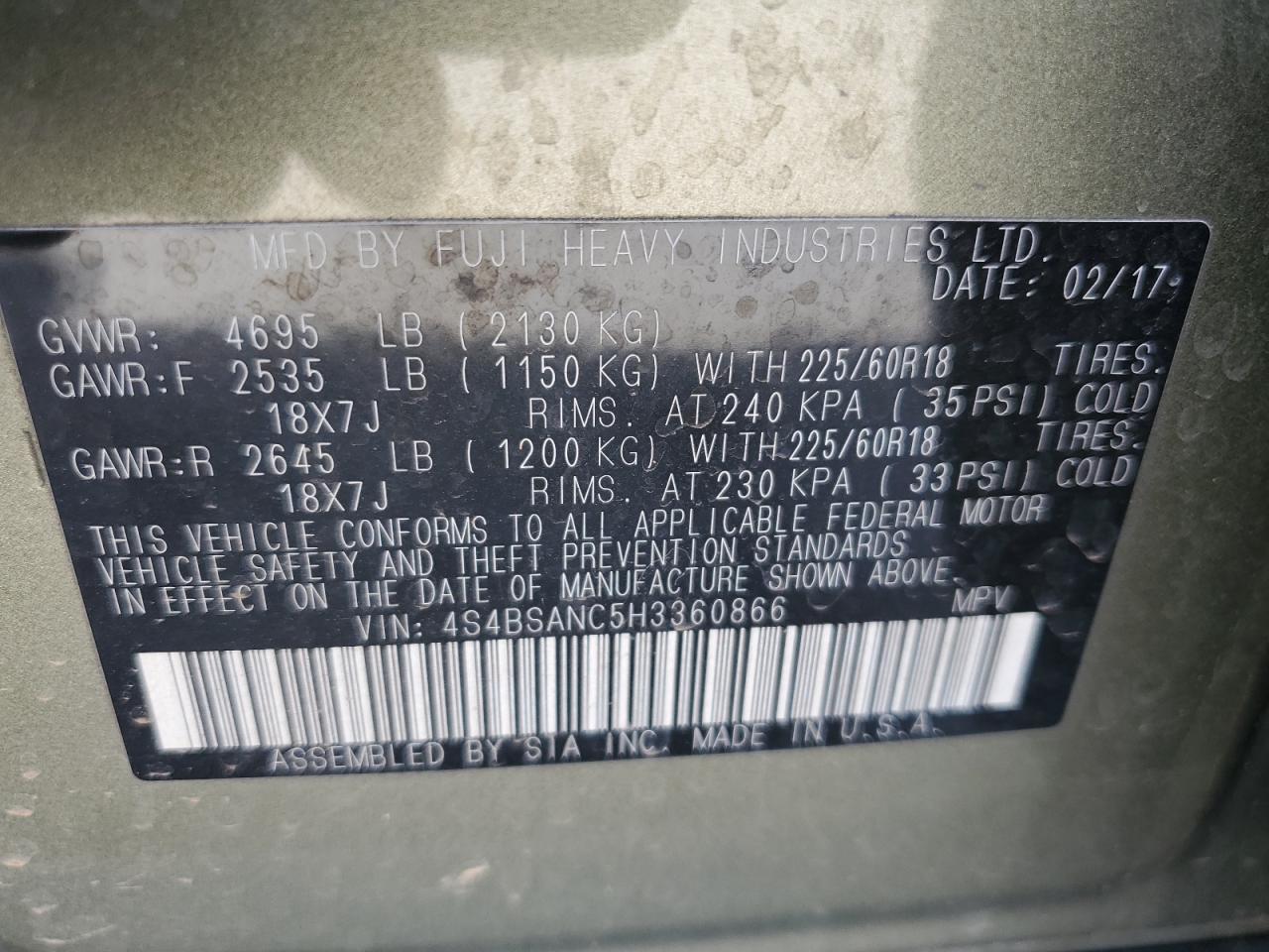 2017 Subaru Outback VIN 4S4BSANC5H3360866 Copart auction photo, front end / minor dent/scratches damage thumbnail 13