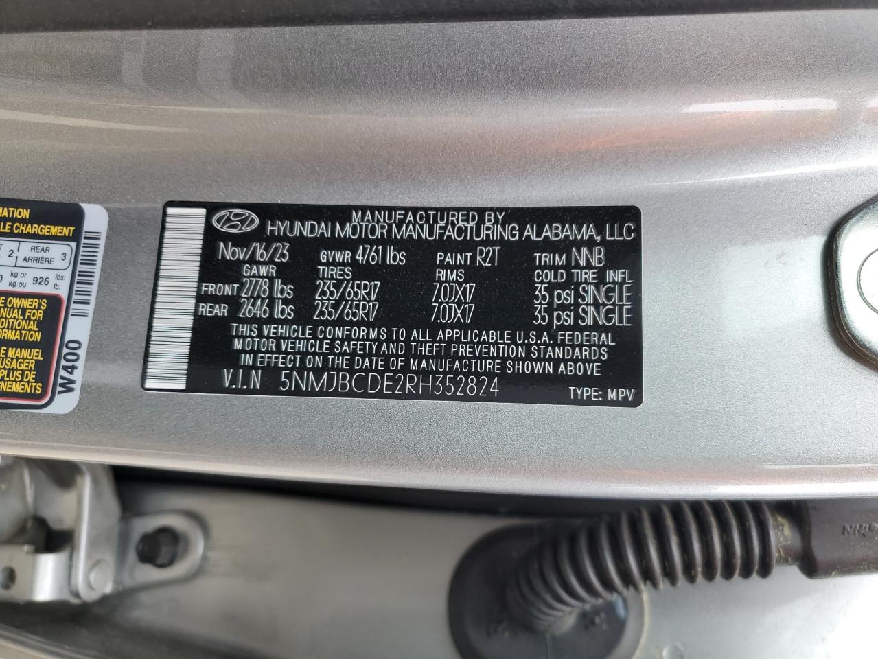 2024 Hyundai Tucson VIN 5NMJBCDE2RH352824 Copart auction photo, rear end / front end damage thumbnail 14