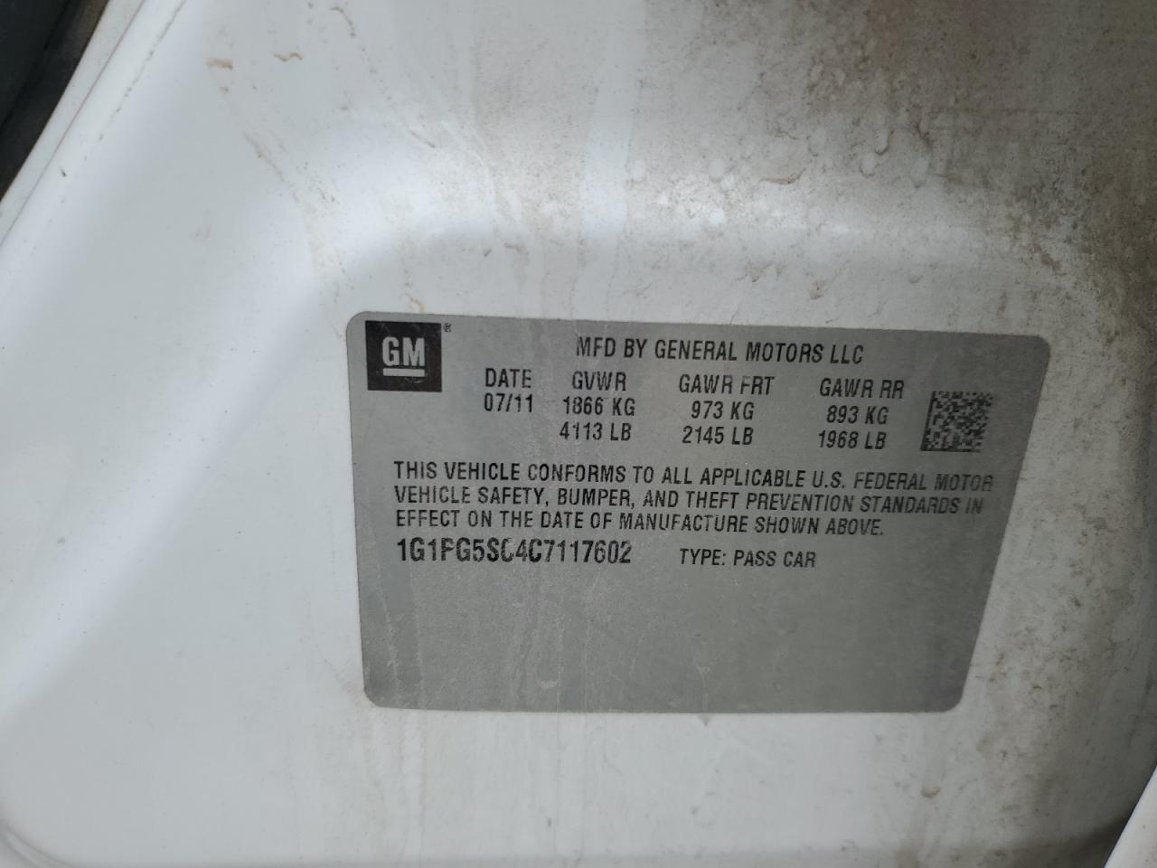 2012 Chevrolet Cruze VIN 1G1PG5SC4C7117602 Copart auction photo, all over damage thumbnail 12
